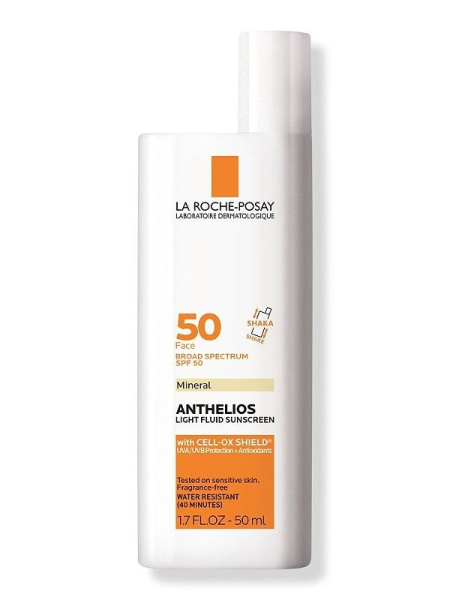 La Roche-Posay Anthelios Mineral Ultra-Light Sunscreen Fluid SPF 50 white rectangular bottle of sunscreen with orange label and white cap to the right side on white background